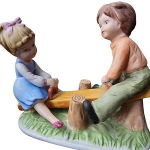 MAXAM HAND PAINTED PORCELAIN TAIWAN FIGURINE CHILDREN Boy / Girl PLAYING on SEES